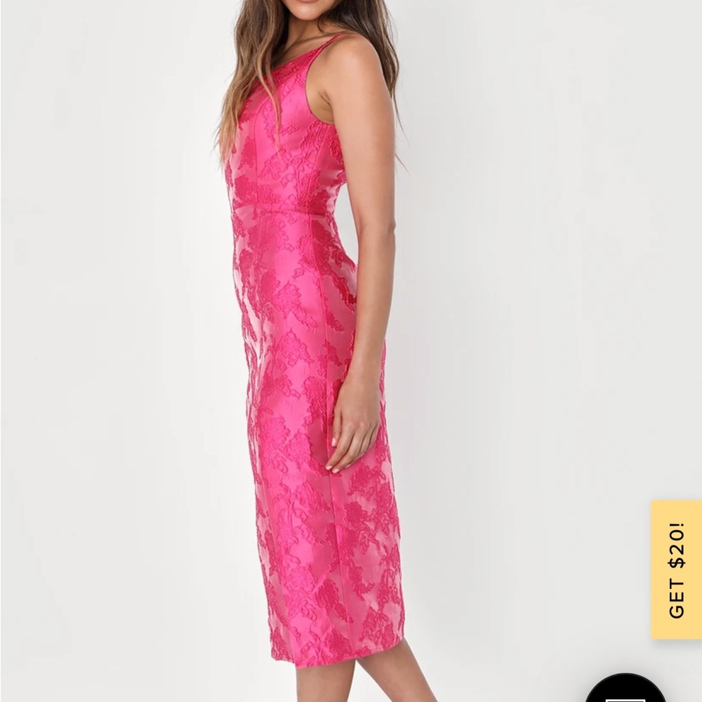 Lulu’s New with Tags, hot pink jacquard midi dress, one shoulder, size XL - Picture 5 of 9